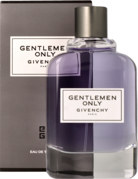 Fioletowa butelka Givenchy Gentleman Only EDT z srebrną nakrętką, przed szarym pudełkiem, na ciemnym tle.