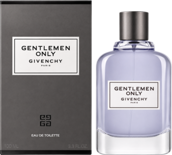 Givenchy Gentleman Only, męska woda toaletowa w fioletowym flakonie i czarnym pudełku, widok z przodu.