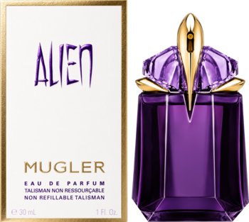 Mugler Alien damska woda perfumowana. Fioletowa butelka o futurystycznym kształcie i białe opakowanie, widok z przodu.