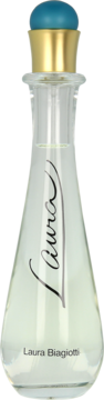 Butelka wody toaletowej Laura Biagiotti Laura, przezroczysta, o kształcie kropli, z napisem Laura i turkusowo-złotą nakrętką, widok z przodu.