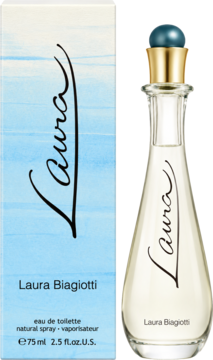 Laura Biagiotti Laura eau de toilette: butelka z przezroczystego szkła i pudełko z błękitnym gradientem, widok z przodu.