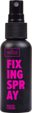 WIBO Fixing Spray Photo Finish, czarna butelka z różowym napisem, widok z przodu. Makeup fixer.