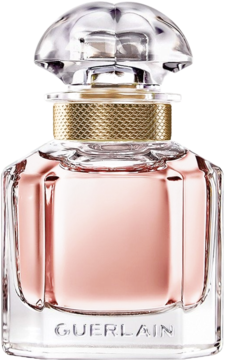 Mon Guerlain woda perfumowana dla kobiet, butelka z różowym płynem, złotym kołnierzem i fasetowaną nakrętką.