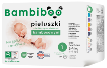 Bambiboo pieluszki jednorazowe z włóknem bambusowym, rozm. 1 (2-4kg). Białe opakowanie z dzieckiem, widok z przodu.
