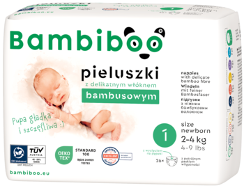 Bambiboo pieluszki jednorazowe z włóknem bambusowym, rozmiar 1 Newborn (2-4 kg), białe opakowanie, widok przód.
