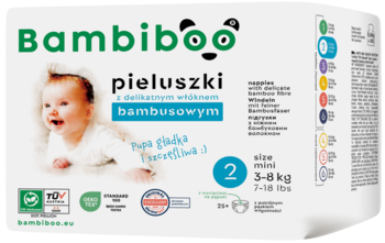 Bambiboo pieluszki jednorazowe z delikatnym włóknem bambusowym, rozmiar 2 Mini (3-8kg), opakowanie z uśmiechniętym dzieckiem.
