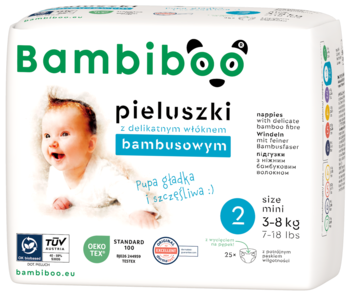 Bambiboo pieluszki jednorazowe z włóknem bambusowym, r.2 Mini (3-8 kg), białe opakowanie z uśmiechniętym dzieckiem.