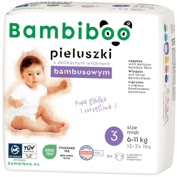 Bambiboo pieluszki bambusowe, białe opakowanie, rozmiar 3 (6-11kg), z uśmiechniętym niemowlęciem i logo pandy.