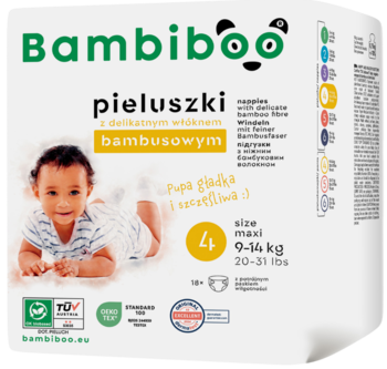 Bambiboo pieluszki z bambusem, rozmiar 4 Maxi (9-14kg), białe opakowanie z uśmiechniętym dzieckiem na przodzie.