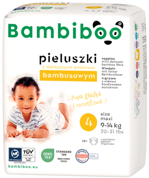 Opakowanie pieluszek Bambiboo z włóknem bambusowym, rozmiar 4 Maxi (9-14 kg), z uśmiechniętym dzieckiem.