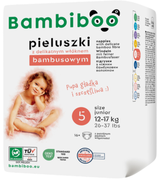 Bambiboo pieluszki bambusowe, rozmiar 5 Junior (12-17 kg). Białe opakowanie, uśmiechnięta dziewczynka w różowej sukience.
