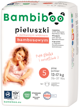 Bambiboo pieluszki bambusowe, rozmiar 5 Junior (12-17 kg), białe opakowanie z uśmiechniętym dzieckiem.