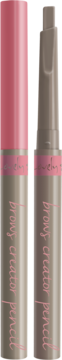 Dwie wodoodporne kredki do brwi Lovely Brows Creator, jasnobrązowe, jedna otwarta, z płaską końcówką.