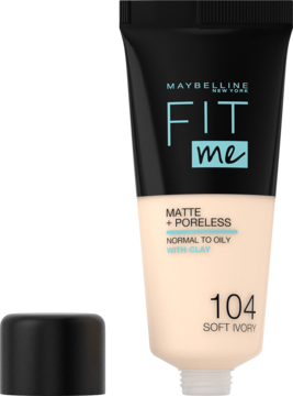 Matujący podkład Maybelline Fit Me Matte+Poreless z glinką, tubka Soft Ivory 104, z odkręconą nakrętką.