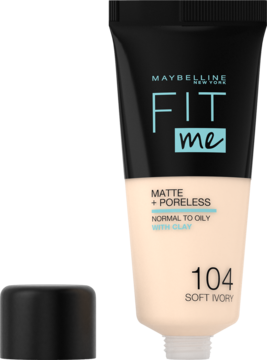 Matujący podkład Maybelline Fit Me Matte+Poreless z glinką, tubka Soft Ivory 104, z odkręconą nakrętką.