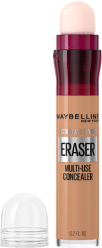 Maybelline Instant Age Rewind Eraser Multi-Use Concealer, beżowy, z aplikatorem gąbkowym i zdjętą nakładką.