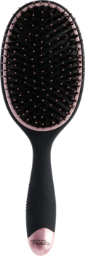 Czarna owalna szczotka do włosów Young Beauty z różowozłotym wykończeniem i różowymi końcówkami włosia, widok z przodu.