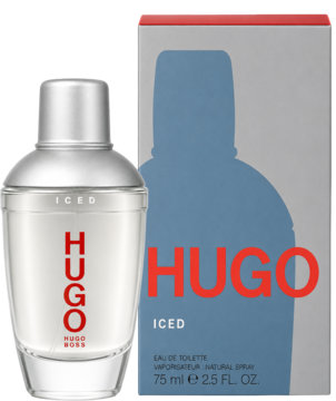 Butelka Hugo Boss Iced Eau de Toilette w kształcie shakera i szaro-czerwone pudełko, widok z przodu.
