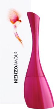 Kenzo Amour woda perfumowana dla kobiet, różowa butelka, smukły kształt, grafika ptaka. Widok z przodu.