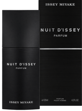 Czarna, matowa butelka perfum Issey Miyake Nuit d'Issey Parfum obok pasującego opakowania, widok z przodu.