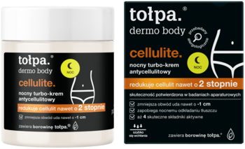 Biały słoik kremu Tołpa Dermo Body Cellulite nocny i czarne opakowanie kartonowe, widok z przodu.