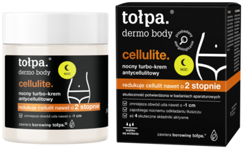 Tolpa Dermo Body Cellulite nocny turbo-krem, biały słoik i czarne pudełko widoczne obok siebie.