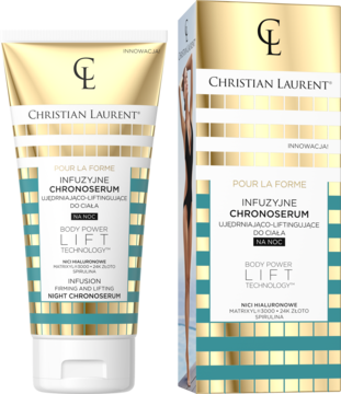 Christian Laurent Chronoserum: tuba ujędrniającego serum do ciała na noc, złota z turkusowymi paskami, obok pudełka.