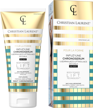 Christian Laurent Chronoserum: tuba ujędrniającego serum do ciała na noc, złota z turkusowymi paskami, obok pudełka.