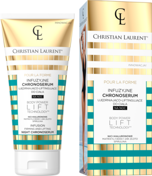 Christian Laurent Infuzyjne Chronoserum, serum do ciała na noc, złoto-turkusowa tubka i pudełko Body Power Lift.