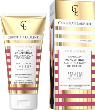 Christian Laurent 24K Gold Lift Up koncentrat do biustu: złoto-różowa tubka z białym korkiem i pudełko.