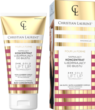 Christian Laurent 24K Gold Lift Up koncentrat do biustu: złoto-różowa tubka z białym korkiem i pudełko.