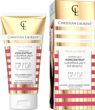 Christian Laurent 24K Gold Lift Up napinający koncentrat do biustu w złotej tubce i kartoniku z pasami.
