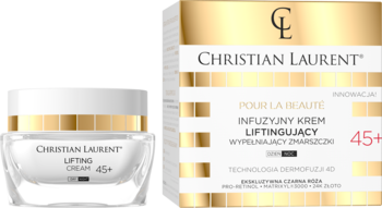 Christian Laurent infuzyjny krem liftingujący 45+ wypełniający zmarszczki, szklany słoik i złote pudełko.
