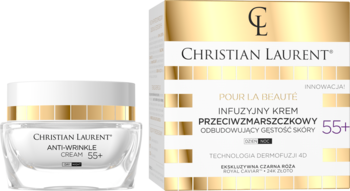Christian Laurent 55+ krem przeciwzmarszczkowy w szklanym słoiczku i białym pudełku, widok z przodu.