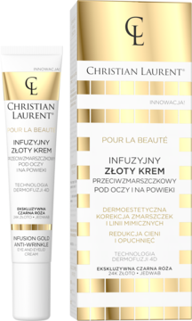 Christian Laurent Infusion Gold przeciwzmarszczkowy krem pod oczy, biała tubka obok złotego pudełka.