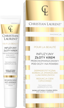 Christian Laurent Infusion Gold przeciwzmarszczkowy krem pod oczy, biała tubka obok złotego pudełka.