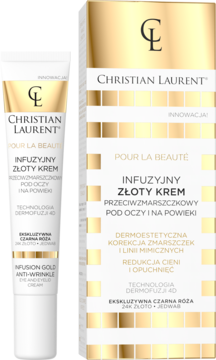 Christian Laurent Infuzyjny Złoty Krem przeciwzmarszczkowy 24k złoto pod oczy i powieki, tubka i pudełko, widok przód.