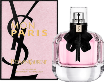 Yves Saint Laurent Mon Paris damska woda perfumowana. Różowe pudełko i butelka obok siebie, czarna kokarda.