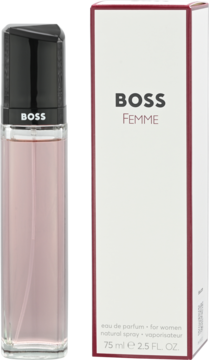 BOSS Femme woda perfumowana 75ml w różowej butelce i białym pudełku, widok z przodu na czarnym tle.