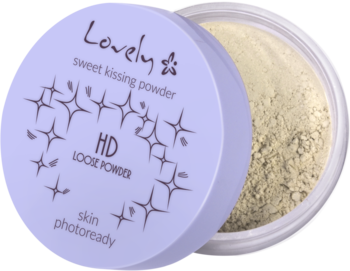 Lovely HD Loose Powder, otwarty, fioletowy słoiczek z transparentnym, matującym pudrem mineralnym, widok z góry.