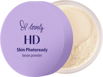 Lovely HD Skin Photoready loose powder, matujący puder mineralny z jojoba, w otwartym słoiczku z fioletową pokrywką.