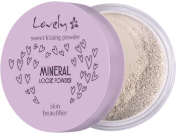Lovely Mineral Loose Powder, matujący fikser w otwartym słoiczku z pudrem i fioletową nakrętką w serca.