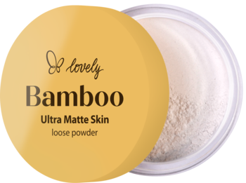 Lovely Bamboo matujący puder bambusowy do twarzy. Widok z góry na otwarte opakowanie z żółtą zakrętką i białym proszkiem.
