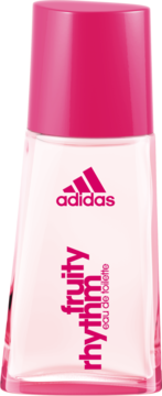 Adidas Fruity Rhythm Eau de Toilette w przezroczystej butelce z różowym logotypem i pionowym napisem, widok z przodu.