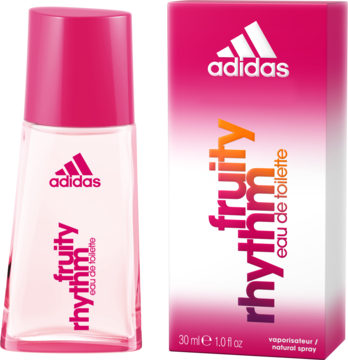 Adidas Fruity Rhythm woda toaletowa, różowa butelka obok białego pudełka z logo Adidas.