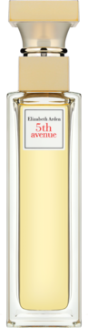 Elizabeth Arden 5th Avenue woda perfumowana dla kobiet, smukła butelka z jasnożółtym płynem, złotą zatyczką, widok frontalny.