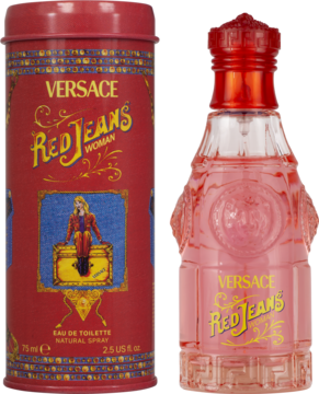 Czerwony, cylindryczny pojemnik Versace Red Jeans Woman i różowa butelka z rzeźbionego szkła stojące obok siebie.