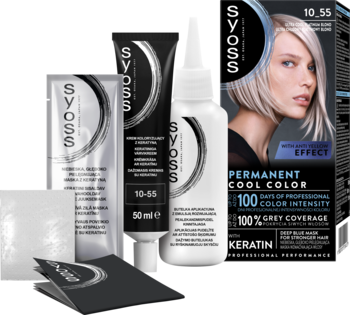 Opakowanie farby Syoss 10_55 Ultra Chłodny Platynowy Blond z blondynką, tubka, butelka, ulotka.