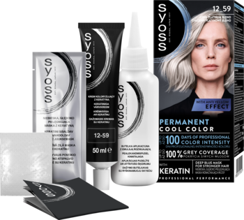 Zestaw farby do włosów Syoss 12_59 Chłodny Platynowy Blond: pudełko, tubki, butelka, ulotka na białym tle.