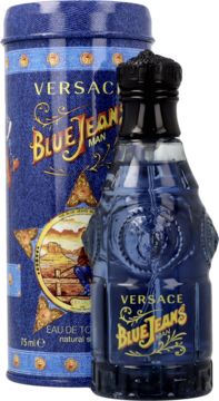 Zdobiona niebieska butelka Versace Blue Jeans Man 75ml obok pasującej cylindrycznej puszki z wzorem dżinsu.